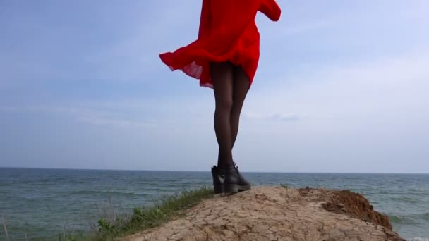 Gelukkig jonge vrouw in rode jurk veel plezier aan de zeekust klif — Stockvideo