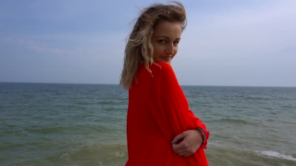 Happy Young Woman in Red Dress Have Fun at the Sea Coast Cliff — Stock Video