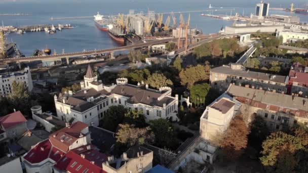 Aerial view of Odessa city and sea port at sunny summer day drone — Stock Video