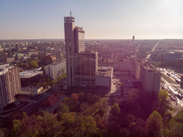 Aeriale view of Katowice. Modern Buildings and city roads. Katowice is the largest city and capital of Silesia.