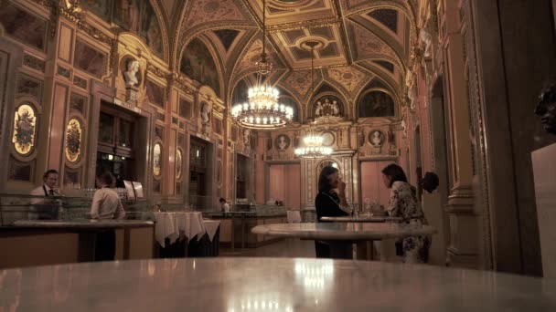 VIENA, AUSTRIA - NOVEMBRIE 2019: - Sala de restaurante din interiorul clădirii de operă din Viena. Două fete beau viță de vie într-un interior bogat — Videoclip de stoc