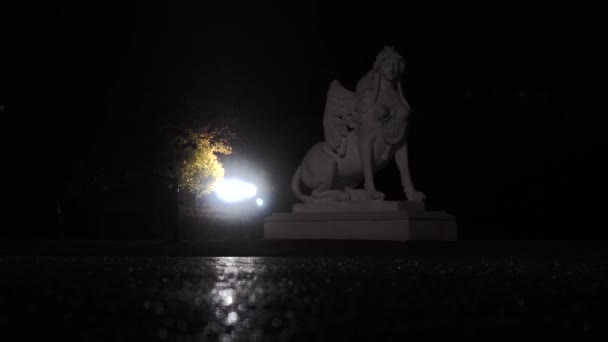 Vídeo noturno da chuva no Palácio Belvedere com estátua em primeiro plano e gotas de chuva — Vídeo de Stock