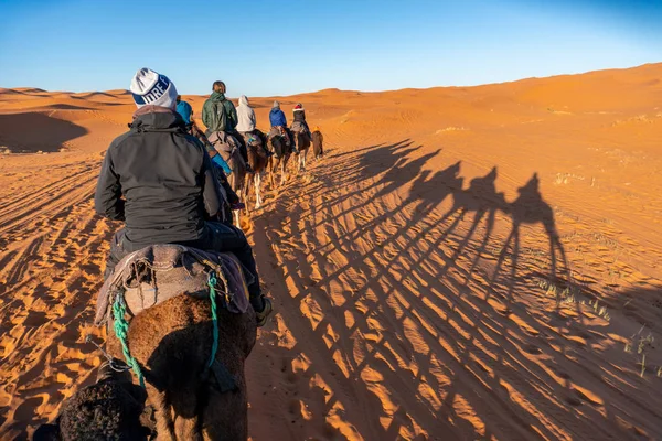 Deelnemen aan Camel caravan tour in Sahara woestijn, Marokko — Stockfoto