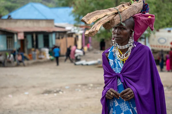 TANZÂNIA, MASAI VILLAGE - JANEIRO 2020: mulher com troncos na cabeça na aldeia nativa de Masai Engare Sero, na costa do Lago Natron, em Maas=, distrito de Arusha — Fotografia de Stock