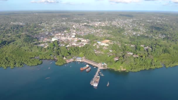 ペンバ島、ザンジバル諸島の空中撮影。日没時にウェテ市の港 — ストック動画