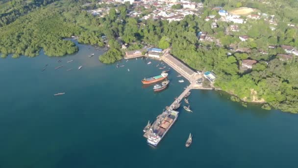Αεροφωτογραφία του νησιού Πέμπα, αρχιπέλαγος Ζανζιβάρη. Λιμάνι στην πόλη Wete κατά τη δύση του ηλίου — Αρχείο Βίντεο
