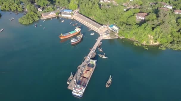 Zdjęcie lotnicze wyspy Pemba, archipelag Zanzibar. Port w Wete miasta o zachodzie słońca — Wideo stockowe