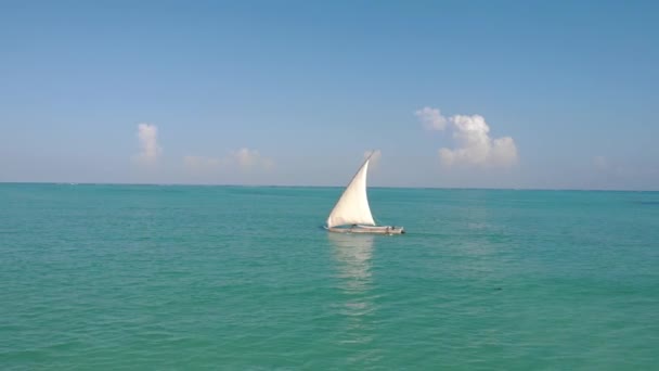 Tradizionale barca a vela africana a Zanzibar isola di Paje spiaggia in blu Oceano Indiano vista aerea. Unguja, tanzania — Video Stock