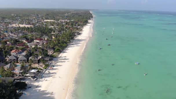 Flying by the Paradise tropical Paje beach at East Zanzibar island aerial view. Tanzania, Africa — Stock Video