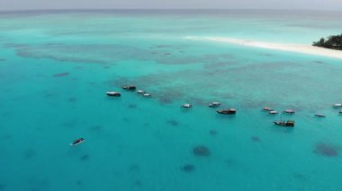 Zanzibars 'ın ana adası Unguja' nın 3 km açığındaki Tropikal cennet Mnemba Adası 'nın yanından uçan hava yakutu. Dalgıçlarla dalış turu için Dhow Boats geldi.