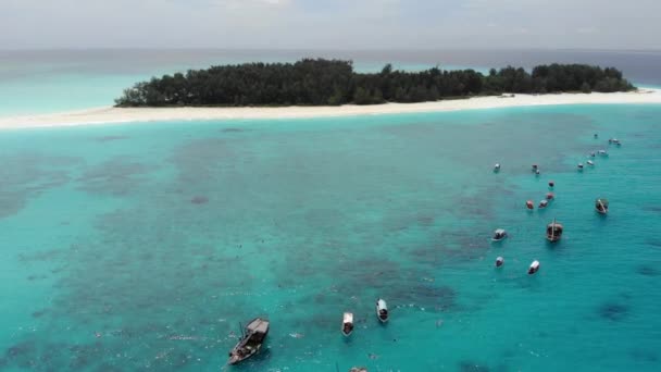 Voler par l'île tropicale de Mnemba, située à 3 km au large de la côte de l'île principale de Zanzibars Unguja. Carême de Dhow Bateaux avec plongeurs est venu pour la plongée avec tuba — Video
