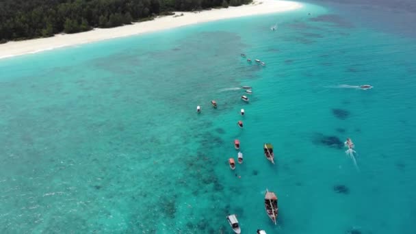 Frente aérea voar pelo paraíso tropical Ilha Mnemba, localizado a 3 km da costa de Zanzibars ilha principal Unguja. Quaresma de barcos Dhow com mergulhadores veio para snorkeling tour — Vídeo de Stock