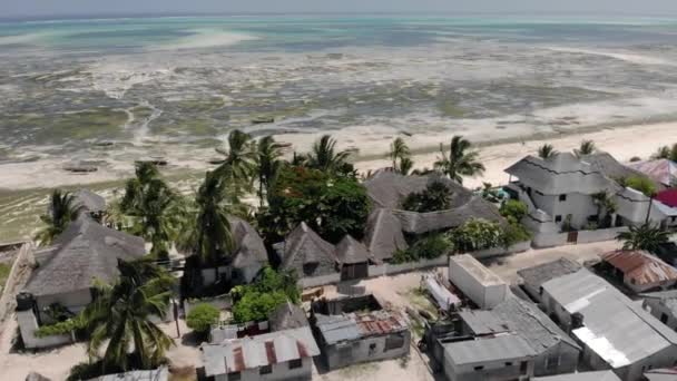 Flygfoto över Jambiani byn på östkusten av ön Zanzibar på Zanzibar skärgård, Unguja, Tanzania, Afrika. — Stockvideo