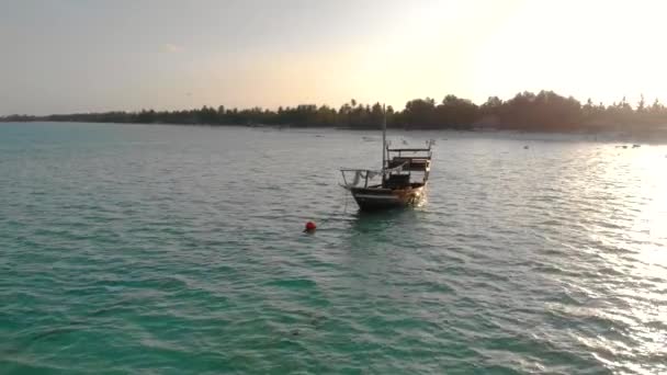 Barco africano tradicional en la isla de Zanzíbar Playa de Paje en vista aérea azul del océano Índico. Unguja, tanzania — Vídeo de stock