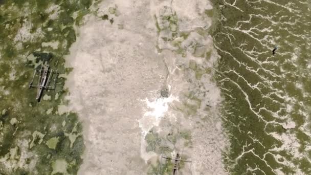 Voando sobre a água rasa em uma maré baixa na aldeia Jambiani. Loal people, Dhow catamarã boats and Underwater seagrass Sea weed plantation. Jambiani, Zanzibar, Tanzânia . — Vídeo de Stock