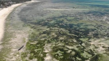 Jambiani köyünde sığ suların üzerinde dalgalar altında uçmak. Uçurtma sörfü, Dhow katamaran tekneleri ve sualtı deniz yosunları çiftliği. Jambiani, Zanzibar, Tanzanya.