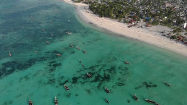 Aerial Drone girato su barche tradizionali Unguja Dhow vicino alla bellissima linea costiera tropicale a Zanzibar. Spiaggia di Nungwi in un giorno con blu Oceano Indiano — Video Stock