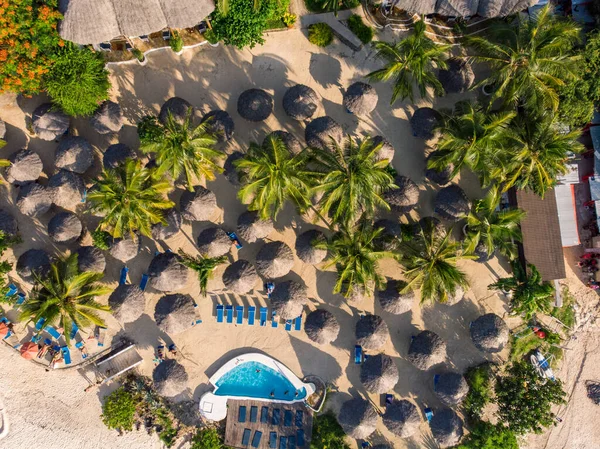 Tanzanya 'nın Zanzibar adasındaki Nungwi' de güzel beyaz kumlu okyanus kıyısındaki lüks okyanus manzaralı Thatched plaj şemsiyelerinin üst hava manzarası.