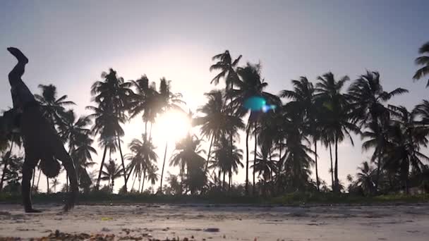 Giovane attraente muscolare e forte atletica nera africana Man Training Acrobatics and Jumping Gymnastics at the White Sand Beach Performance — Video Stock