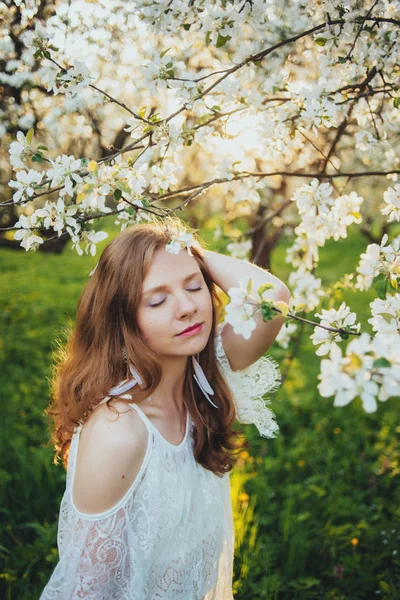 Девушка в яблоневом саду — стоковое фото
