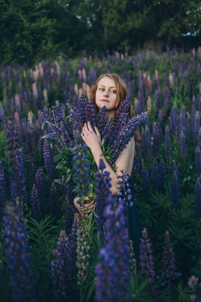 Girl with lupines — Stock Photo, Image