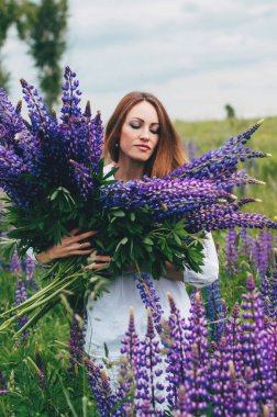 Beyaz elbiseli bir kız lupines arasında duruyor