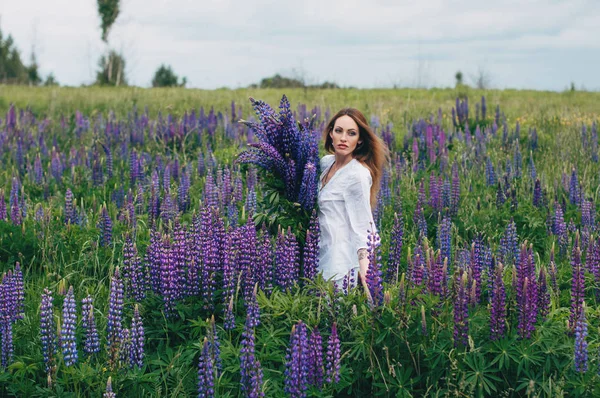 A girl in a white dress is standing among the lupines — Stock Photo, Image