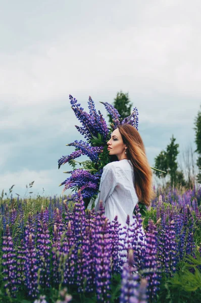 A girl in a white dress is standing among the lupines — Stock Photo, Image