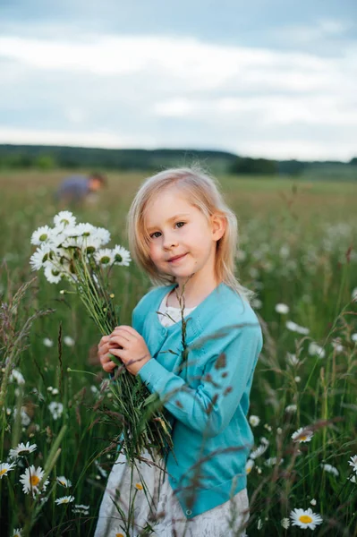 Bambina in un campo di camomilla — Foto Stock