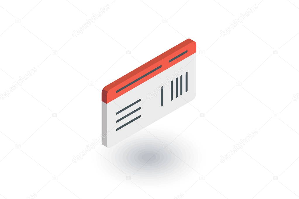document whith barcode, plane or train ticket isometric flat icon. 3d vector