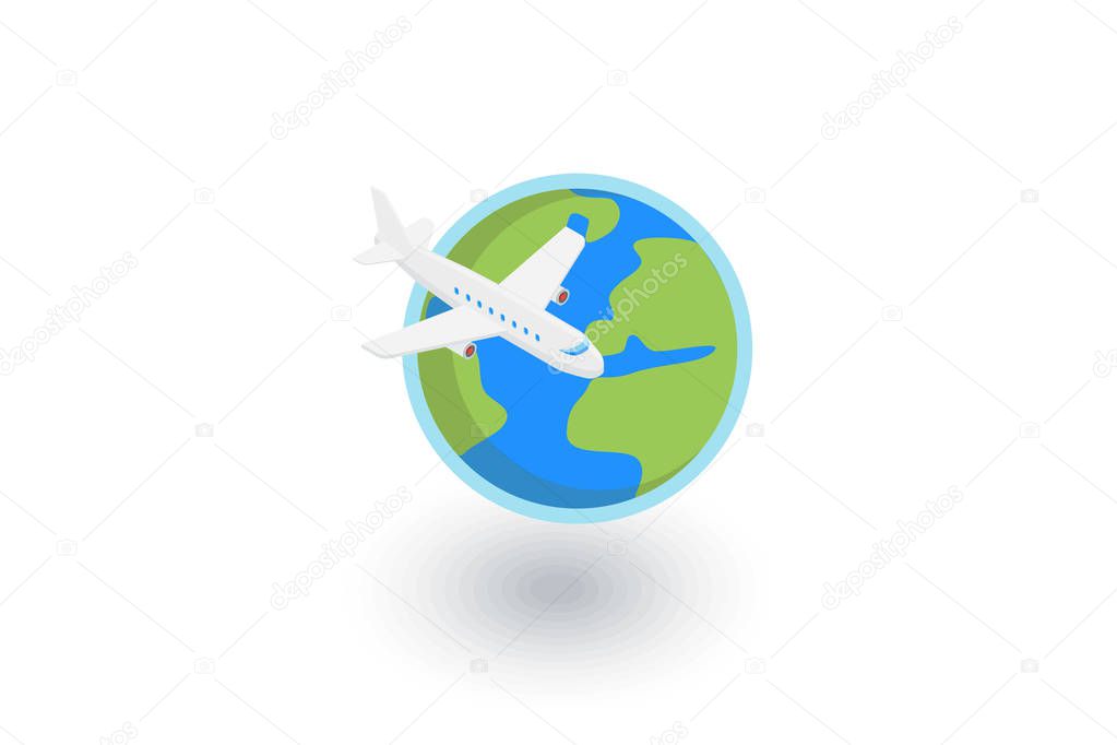 Earth Planet. Plane trip around the world isometric flat icon. 3d vector