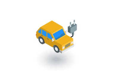 elektrikli otomobil, Tak kablo, ekoloji izometrik düz simgesi. 3B vektör