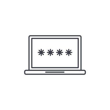 dizüstü bilgisayar oturum açma parolası, güvenli veri kilit, asma kilit ince çizgi simgesi. 