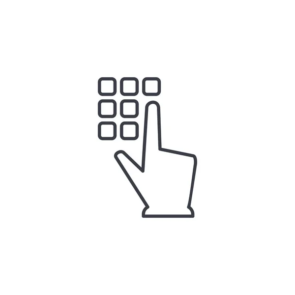 Teclado de código pin, bloqueo de seguridad de acceso, mano empujando icono de línea delgada . — Vector de stock