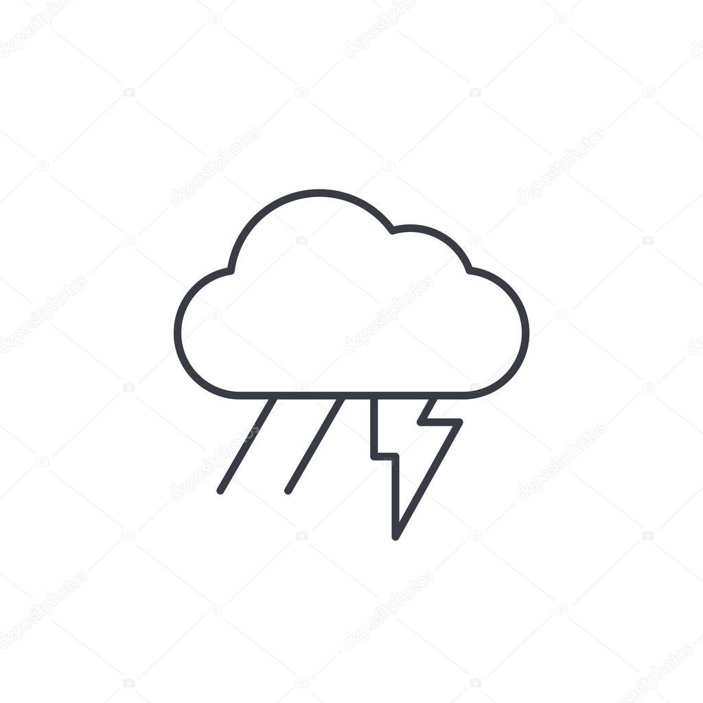 Lightning, thunder storm, rain and cloud thin line icon. Linear vector illustration. Pictogram isolated on white background