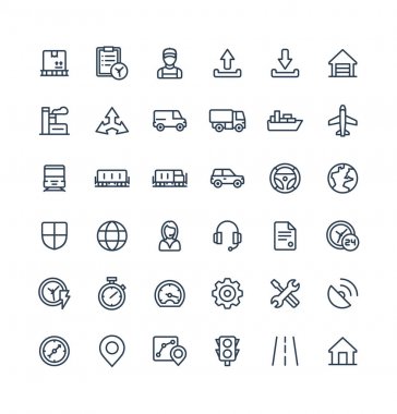 Vektör ince çizgi Icons set lojistik, teslim iş, dağıtım Seviyelendirme simgeleri.