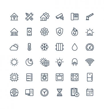 Ev, akıllı ev anahat sembolleri ile vektör ince çizgi Icons set