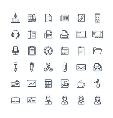 İş ile vektör ince çizgi Icons set ve office araçları anahat simgeler