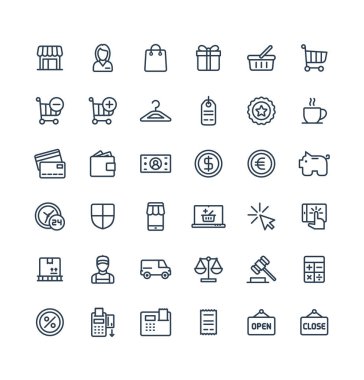 Alışveriş ve e-ticaret anahat sembolleri ile vektör ince çizgi Icons set.