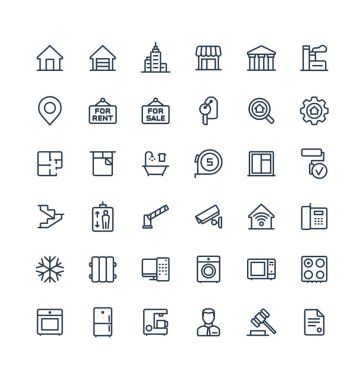 Emlak anahat sembolleri ile vektör ince çizgi Icons set.