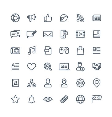Sosyal medya ile ağ anahat sembolleri vektör ince çizgi Icons set.