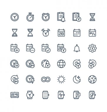 Tarih ve saat anahat sembolleri ile vektör ince çizgi Icons set.