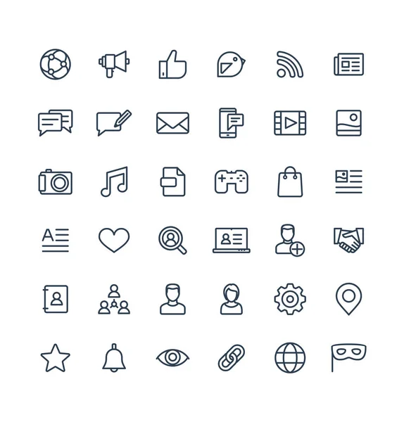 Иконки векторных тонких линий, установленные с помощью социальных сетей, символы контуров сети . — стоковый вектор