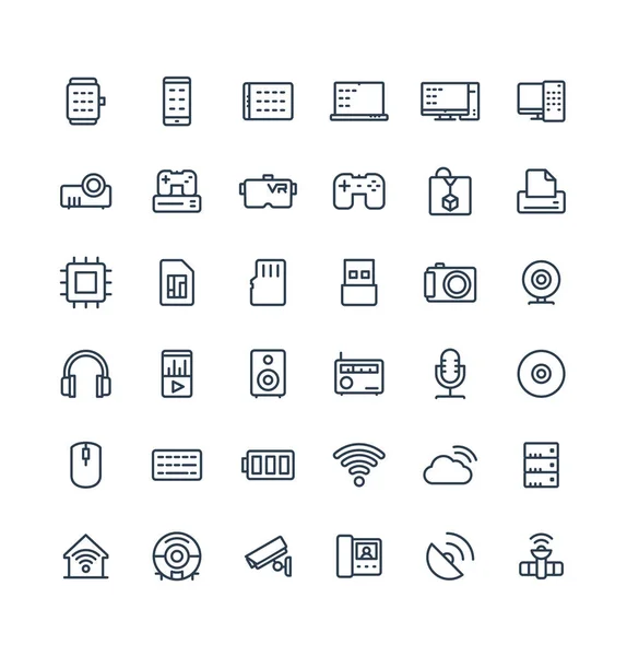 Conjunto de iconos de línea delgada vectorial con símbolos de contorno de tecnología digital e inalámbrica . — Archivo Imágenes Vectoriales