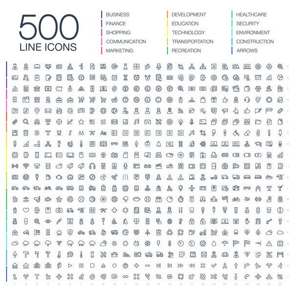 Векторная иллюстрация 500 тонкострочных иконок
