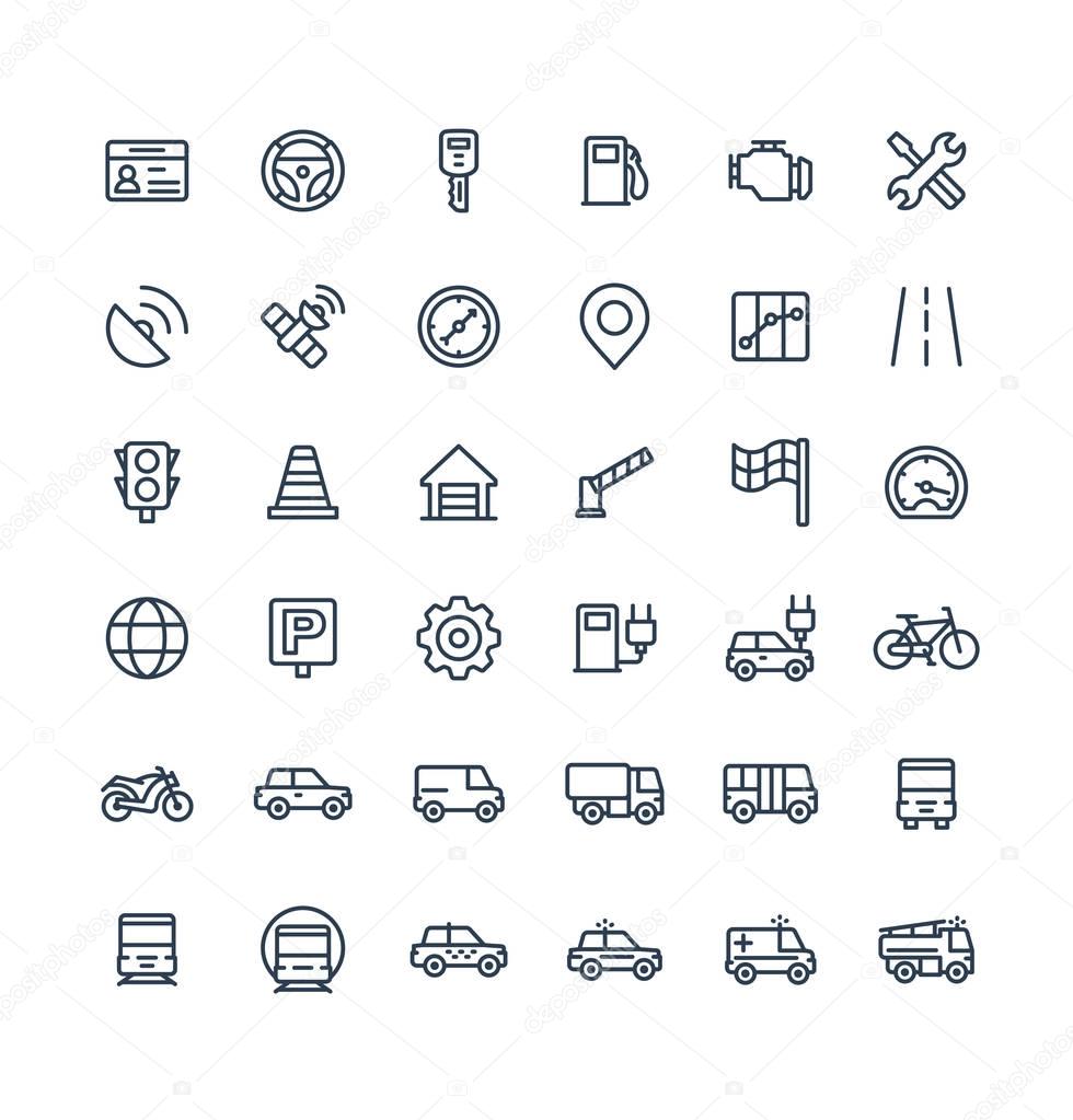 Vector thin line icons set with transport, navigation outline symbols.