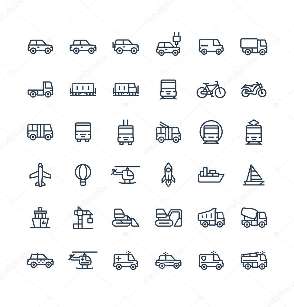 Vector thin line icons set with public transport, cars outline symbols.