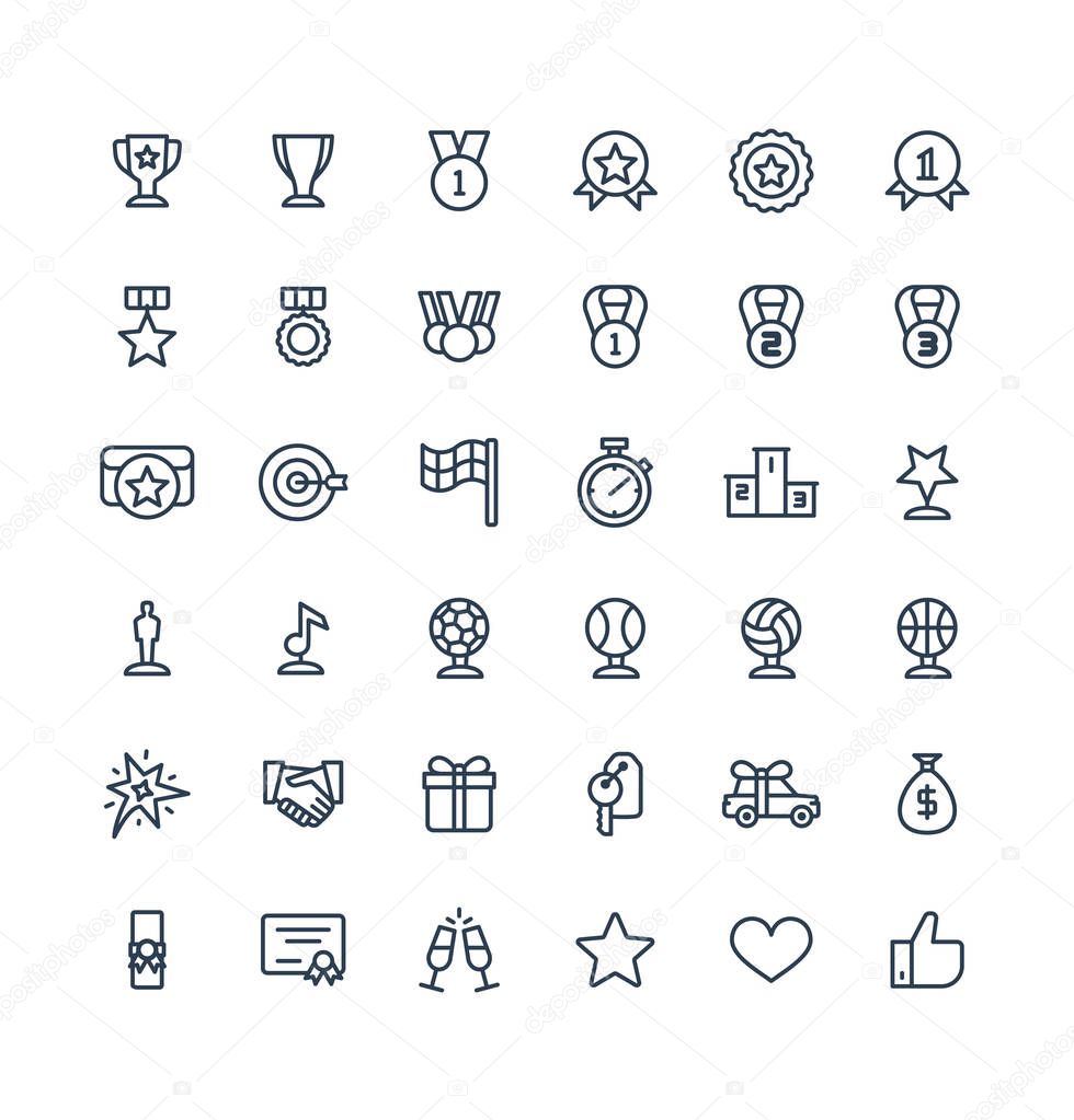 Vector thin line icons set with award, prize, achievement symbols.