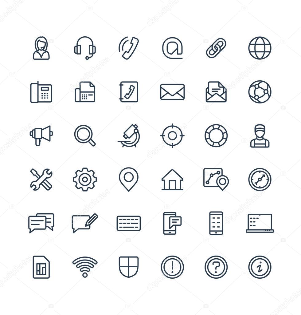 Vector thin line icons set with contact us, technical support service outline symbols.