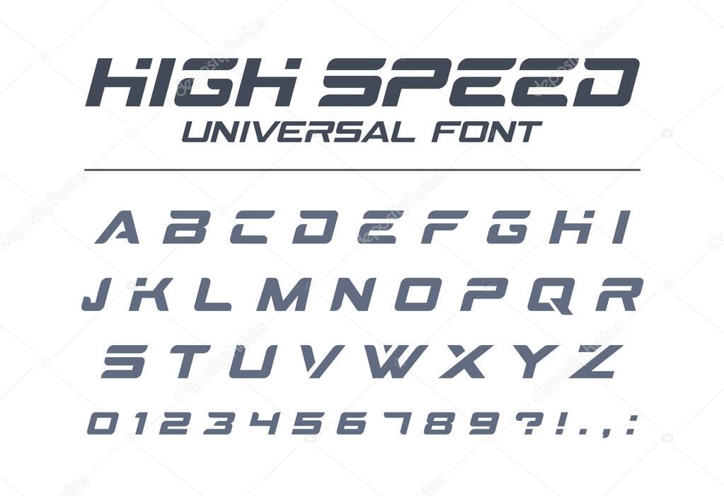 High speed universal font. Fast sport, futuristic, technology, future alphabet. Letters and numbers for military, industrial, electric car racing logo design. Modern minimalistic vector typeface